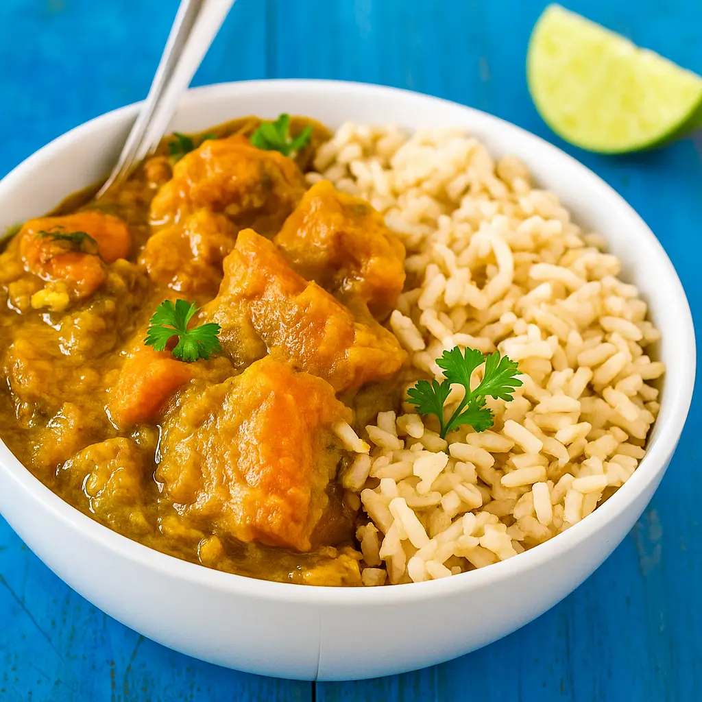 Butternut Squash and Coconut Curry in a bowl with rice