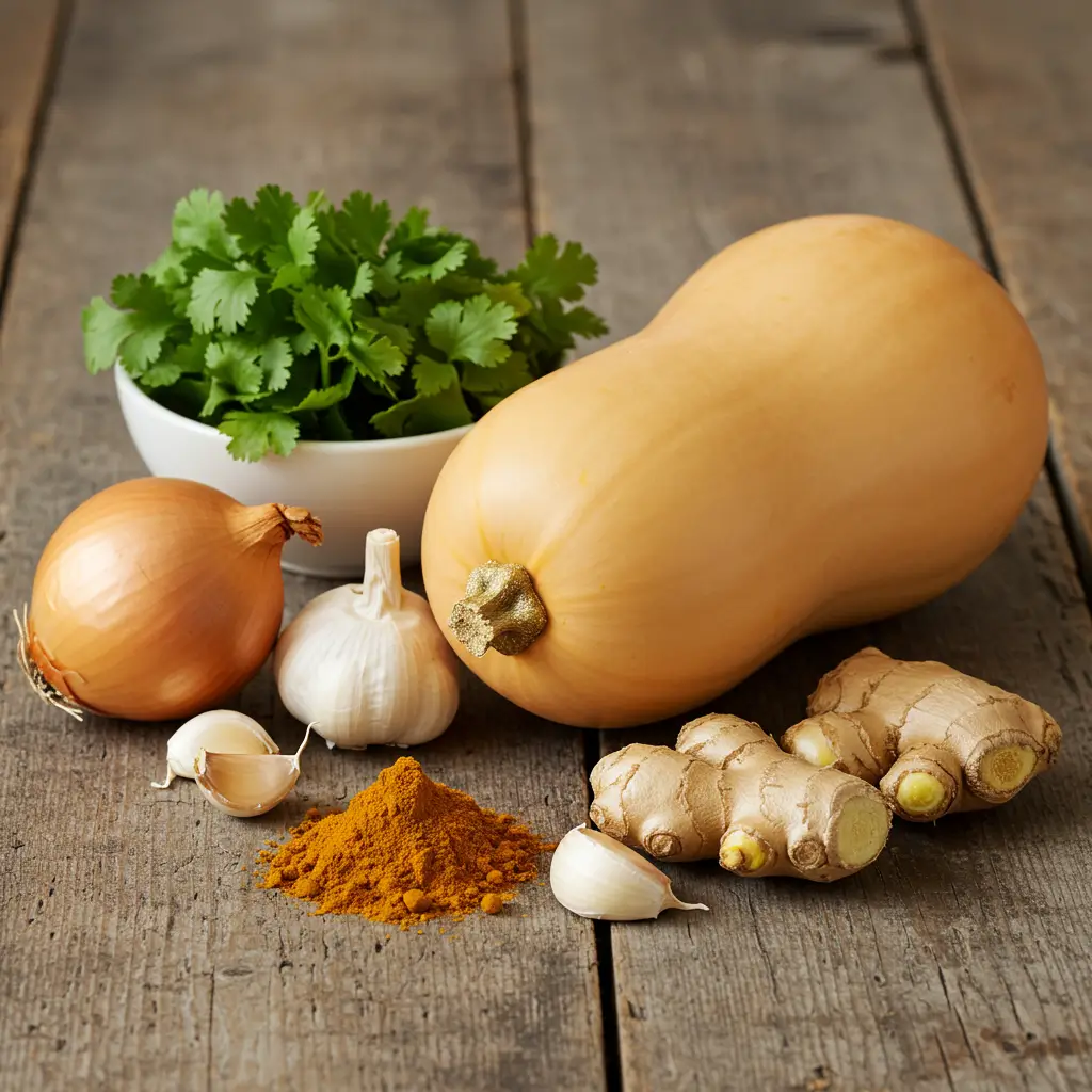 Ingredients for Butternut Squash and Coconut Curry laid out on table