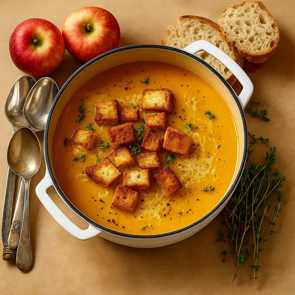 Butternut Squash &amp; Apple Soup with Cheddar Croutons in rustic fall setting