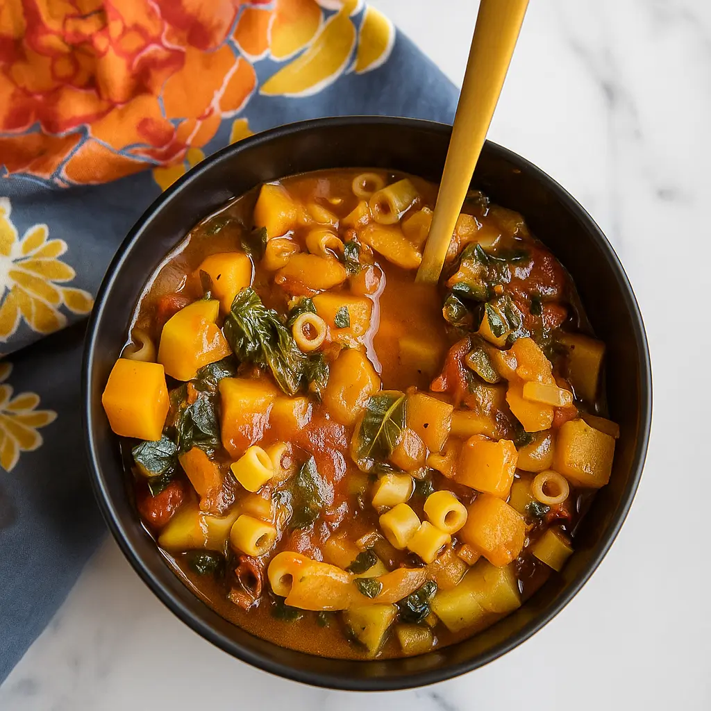 Butternut Squash Minestrone in rustic bowl with bread