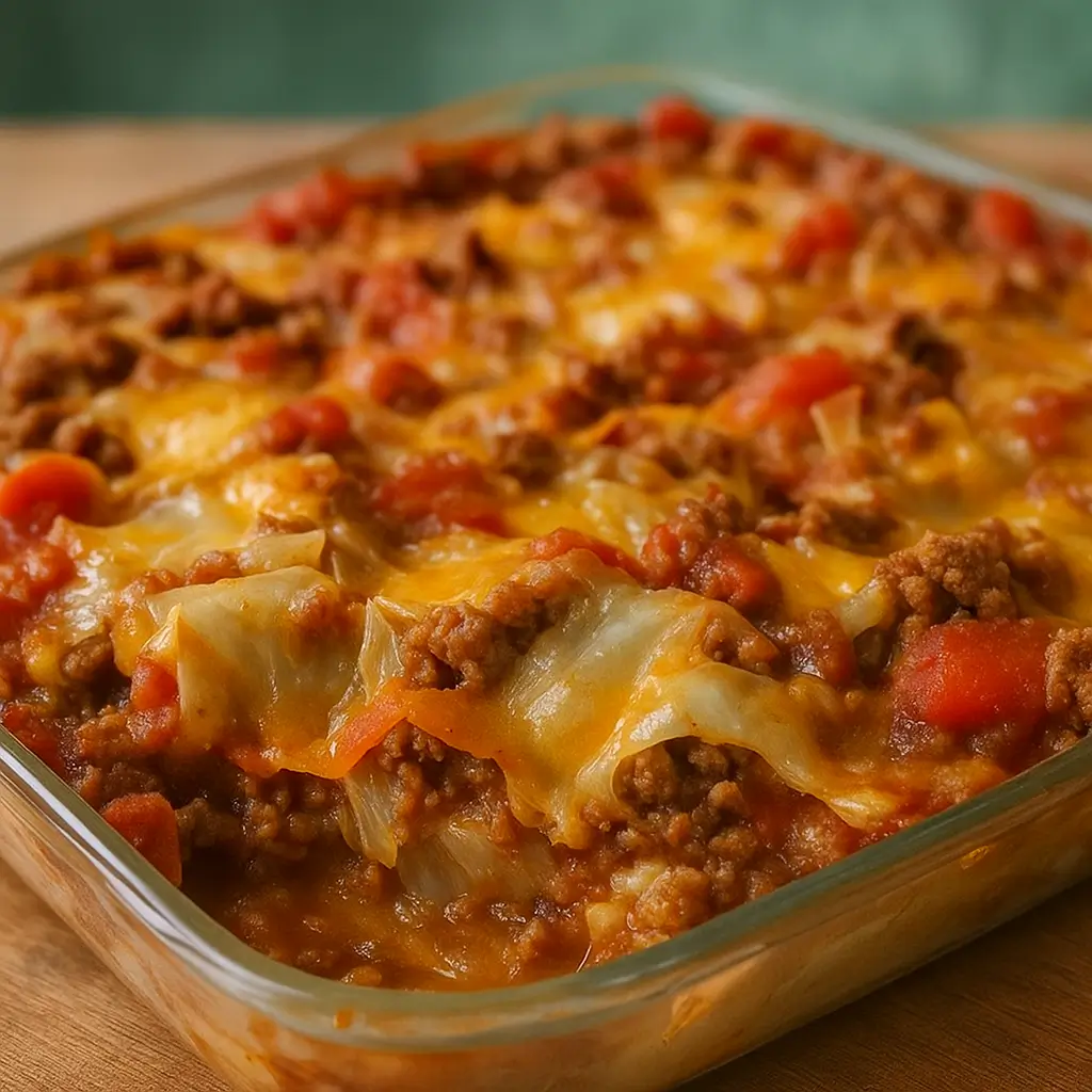 cabbage beef bake fresh from oven in casserole dish