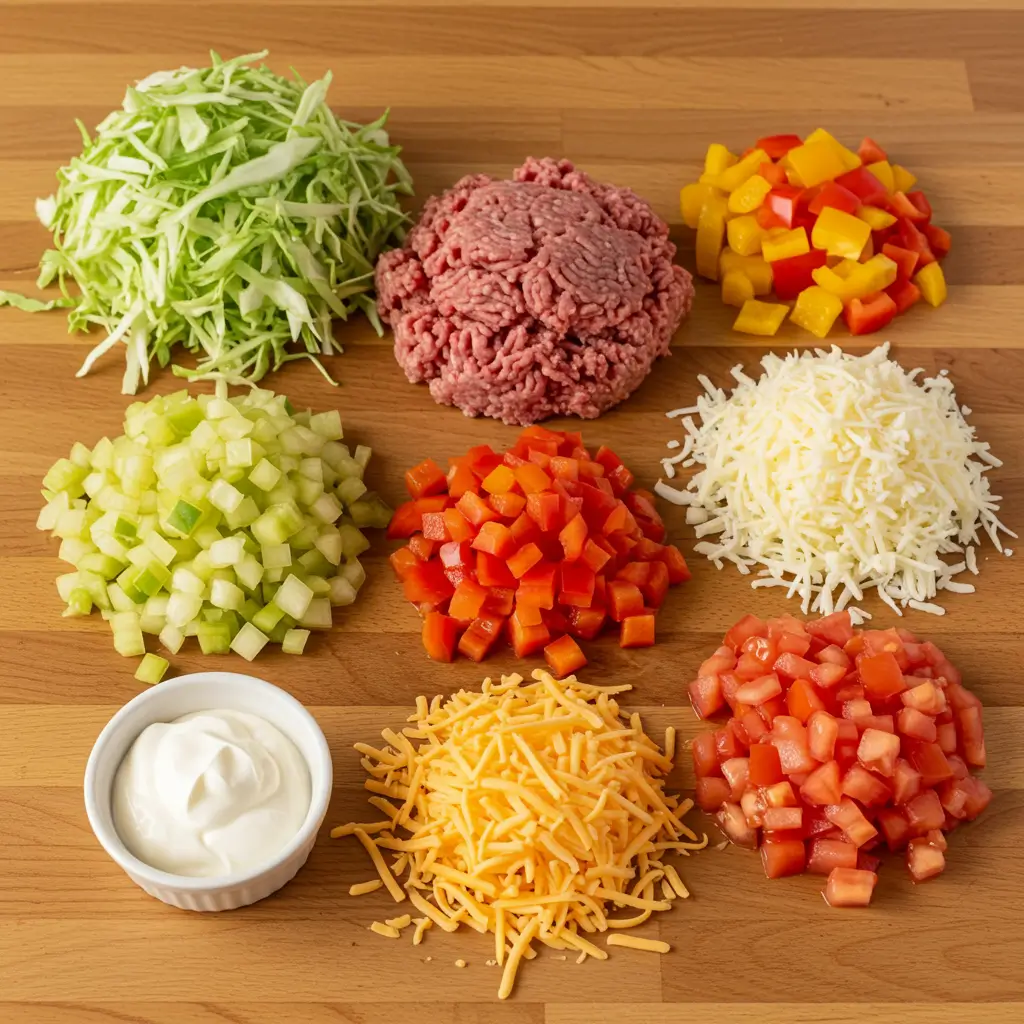 cabbage beef bake ingredients neatly arranged