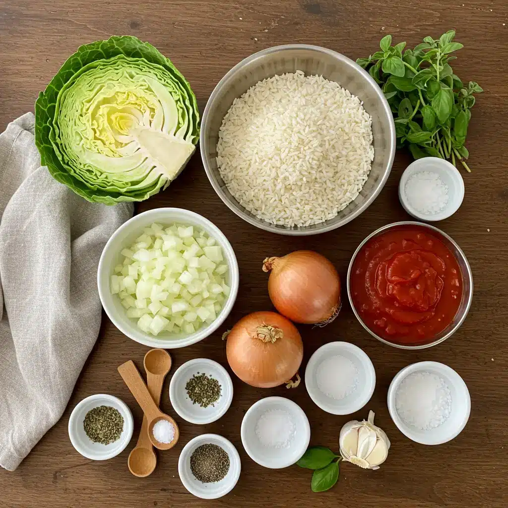Fresh ingredients for cabbage roll casserole – cabbage, ground beef, rice, and tomato sauce
