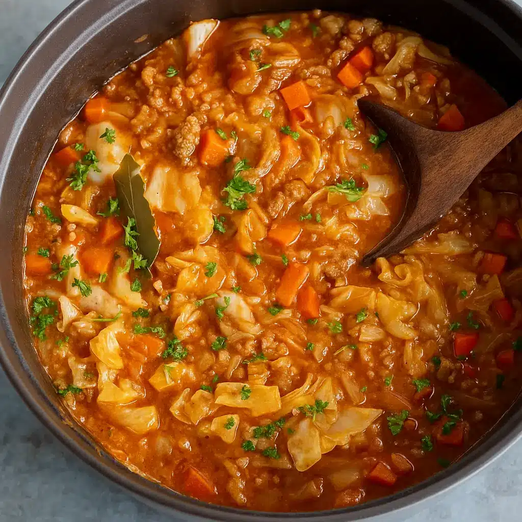 Cabbage Roll Soup (One-Pot) in rustic pot with vegetables