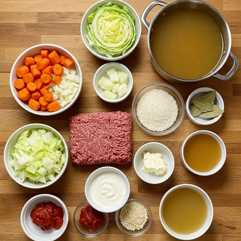 Ingredients for Cabbage Roll Soup (One-Pot) on kitchen counter