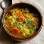 Hearty bowl of cabbage vegetable soup with parsley and lemon