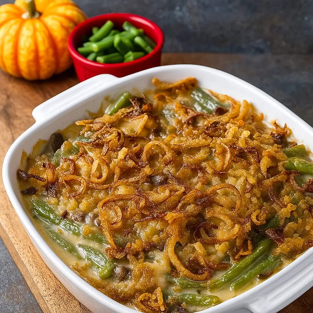 Campbells Green Bean Casserole in a white dish with crispy onions