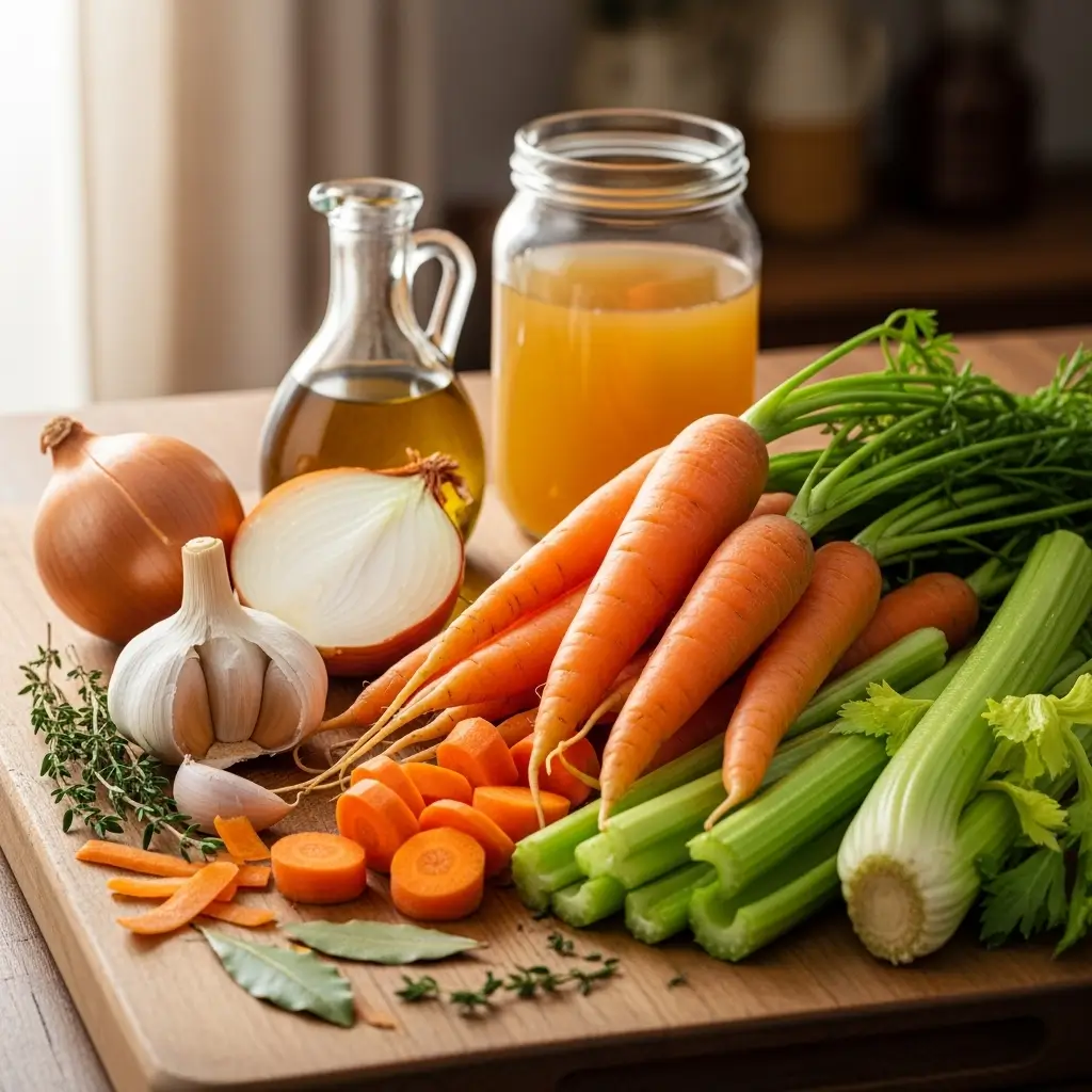 Ingredients for carrot and celery soup on a cutting board