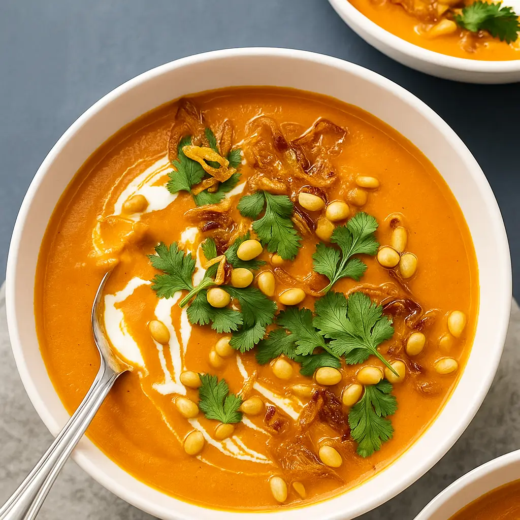carrot ginger soup in white bowl with toppings