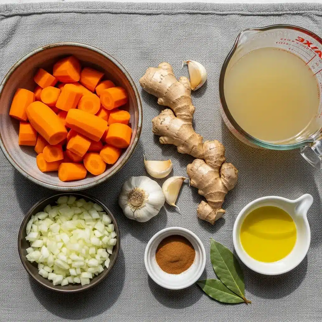ingredients for carrot ginger soup on kitchen towel