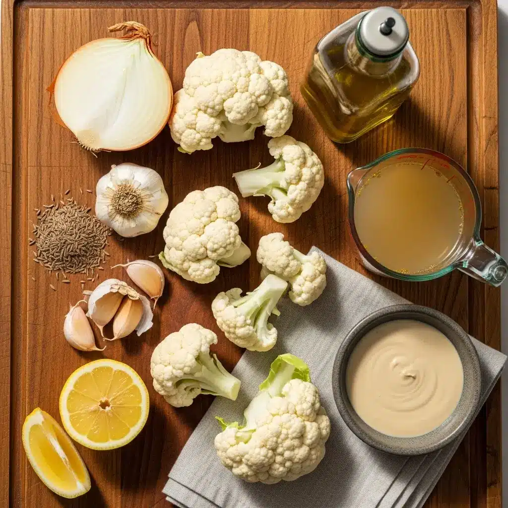 cauliflower soup ingredients on wooden board