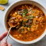 Cheesy Rice and Black Bean Enchilada Soup in bowl