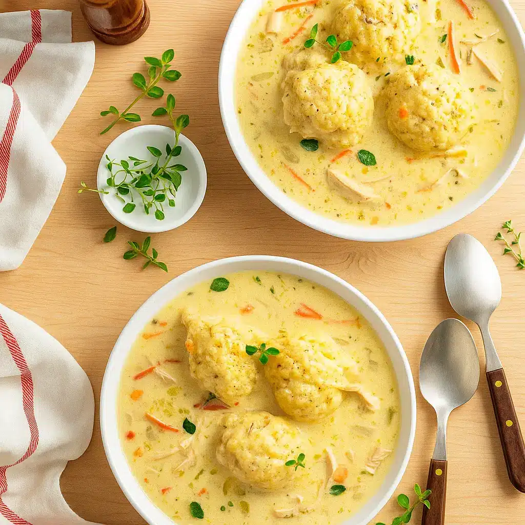 Chicken and Dumplings Recipe served in a rustic bowl
