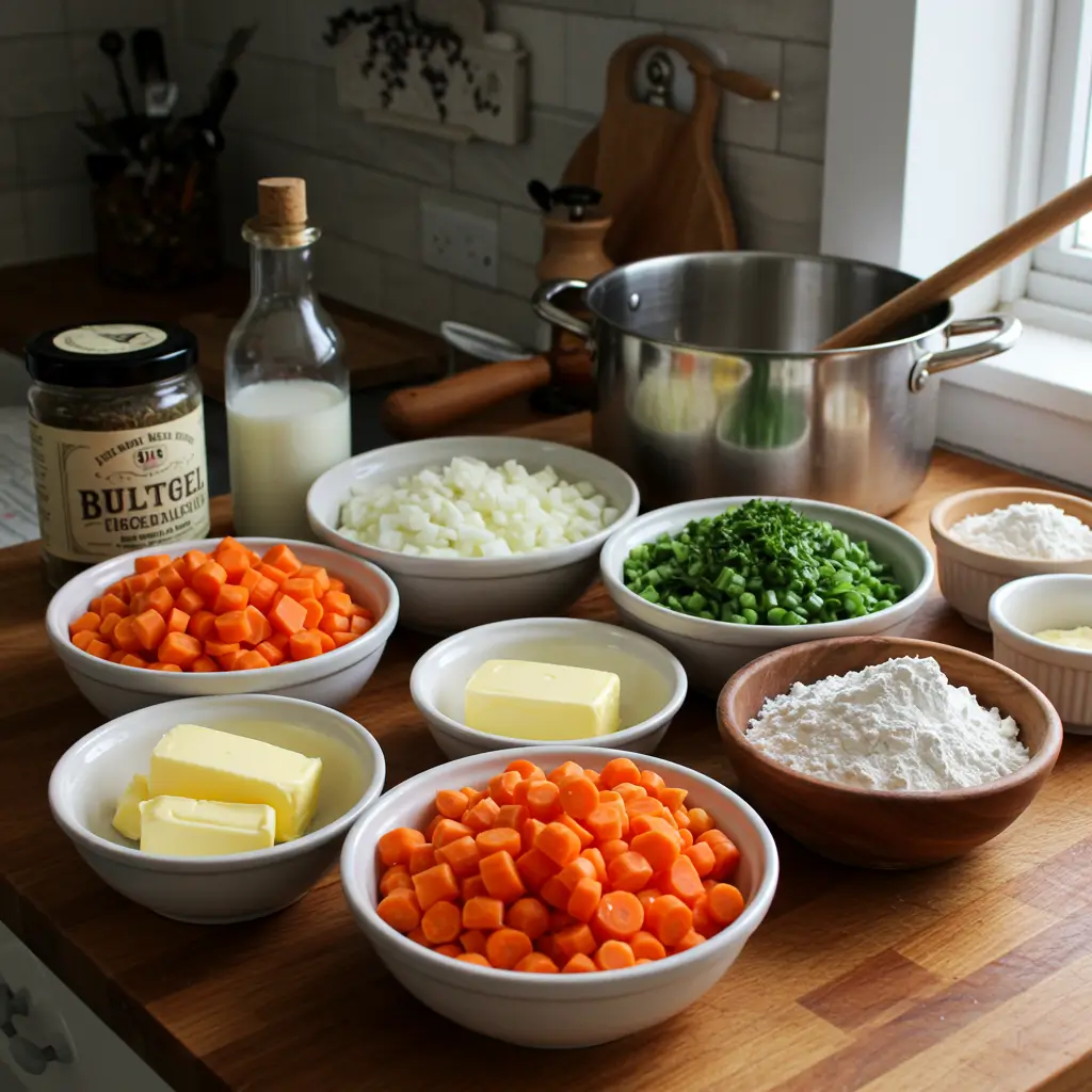 Chicken and Dumplings Recipe ingredients on a wooden kitchen counter