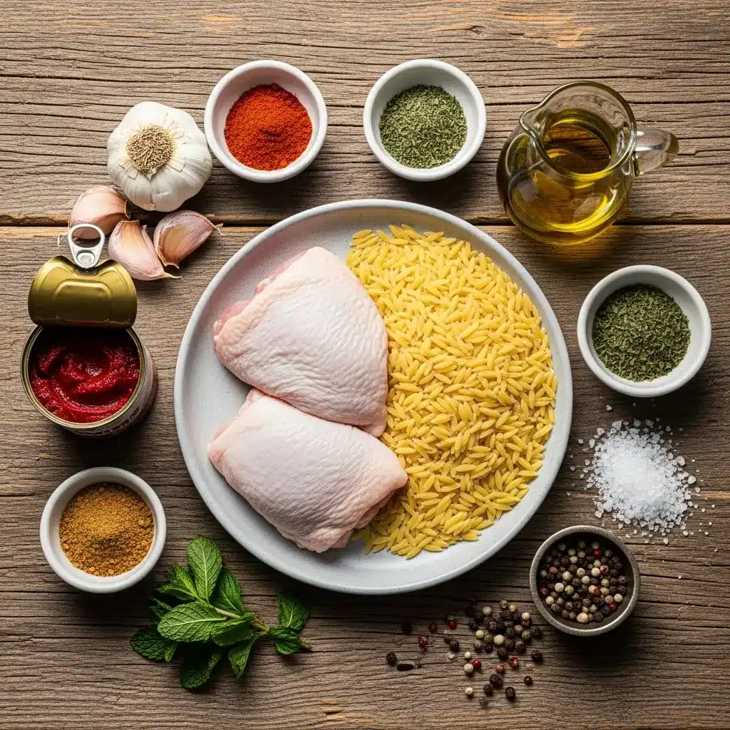 Chicken and orzo soup ingredients on rustic table