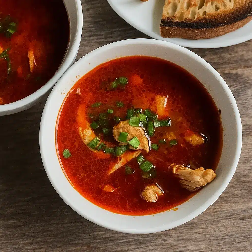 Chicken and orzo soup with garlic and paprika