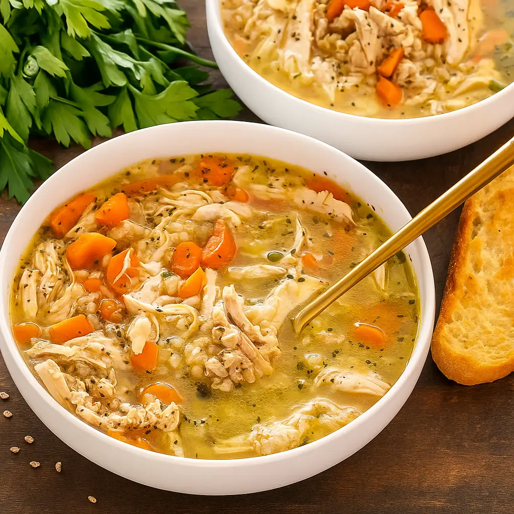 Chicken Barley Soup in bowl with herbs and bread