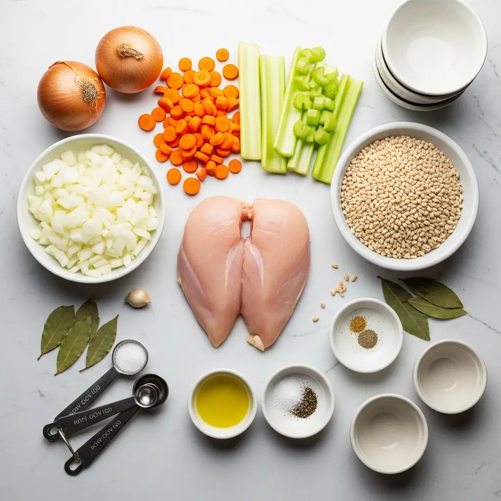 Ingredients for Chicken Barley Soup on table
