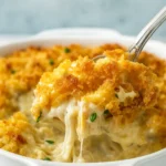 Chicken Hashbrown Casserole baked golden brown in a rustic kitchen