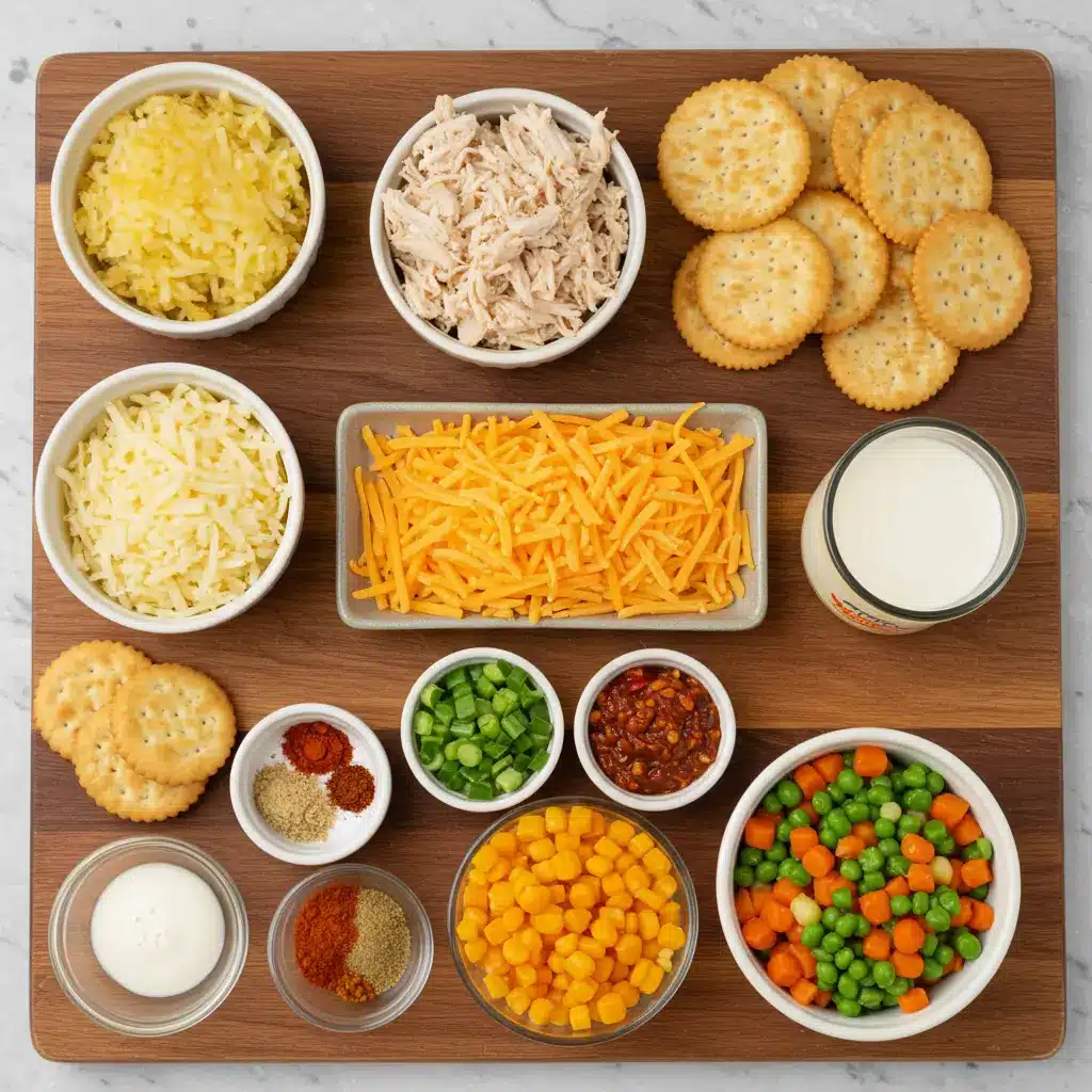 Chicken Hashbrown Casserole ingredients arranged on a wooden board