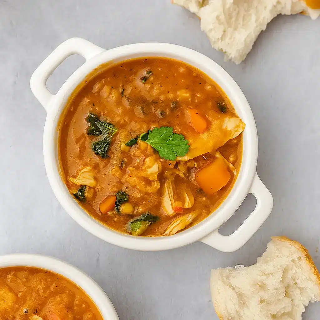 chicken lentil soup in bowl with bread