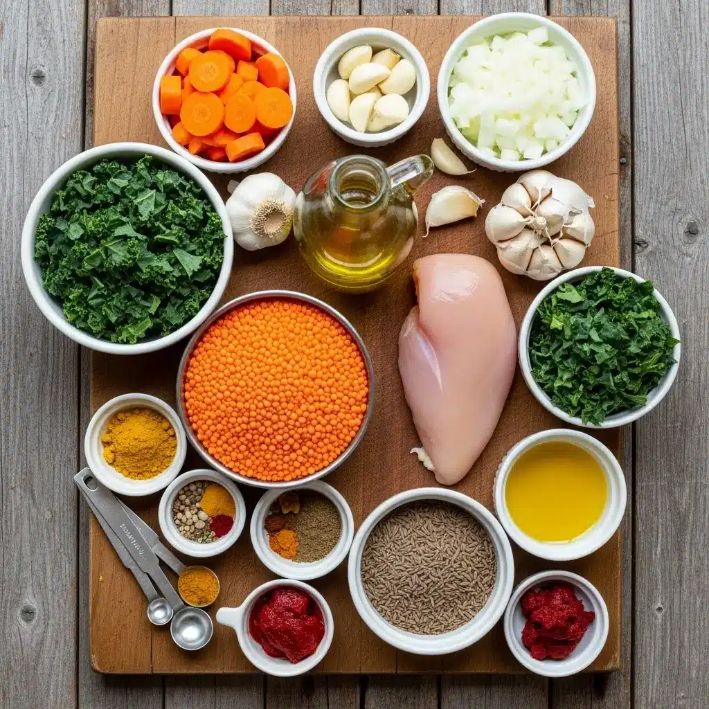 chicken lentil soup ingredients flat lay