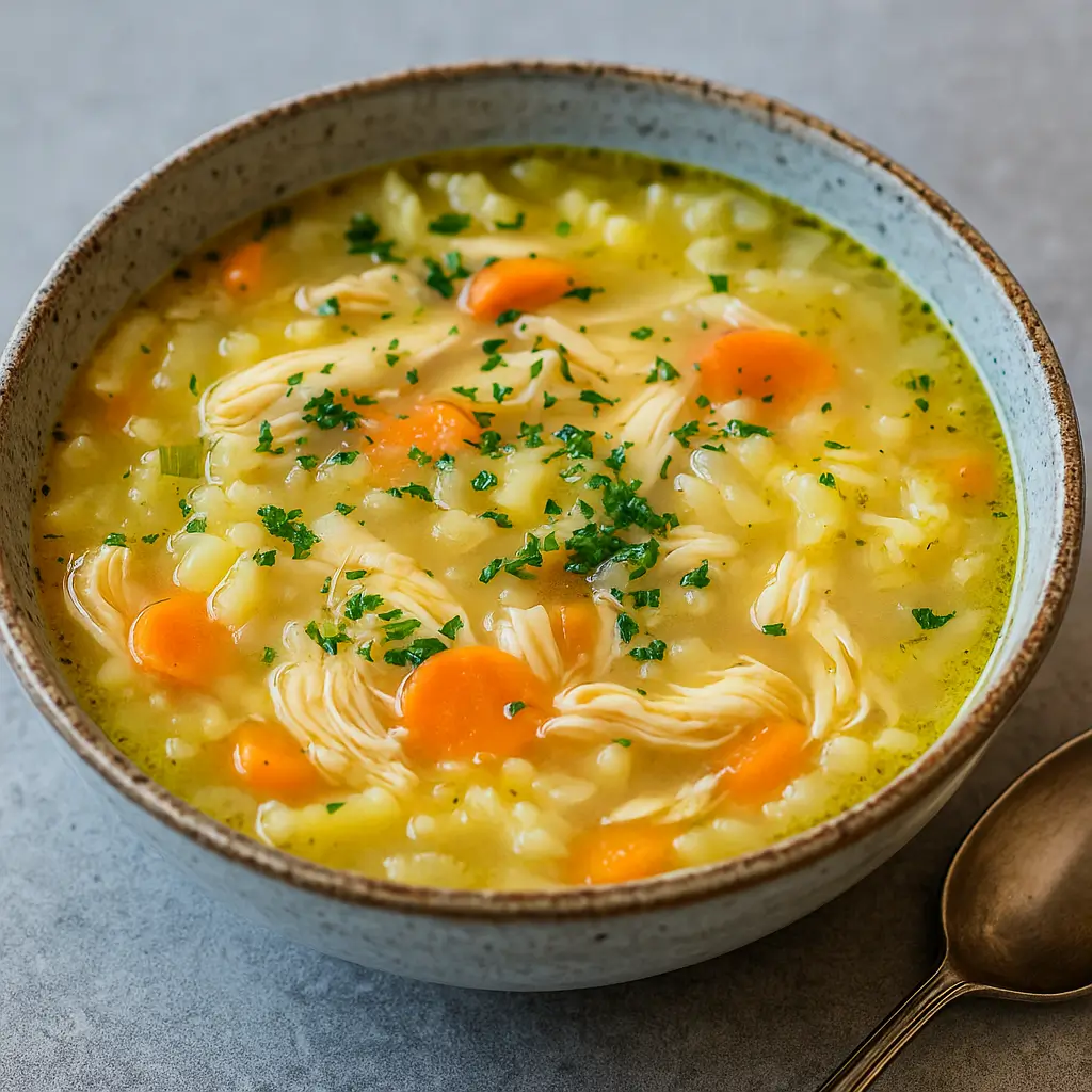 Chicken Pastina Soup served in a rustic bowl with Parmesan and bread