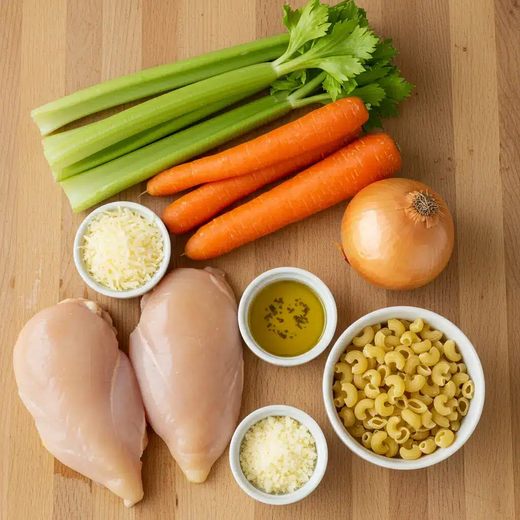 Chicken Pastina Soup ingredients laid out on a wooden surface