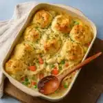 Chicken Pot Pie Casserole in white dish with golden biscuits