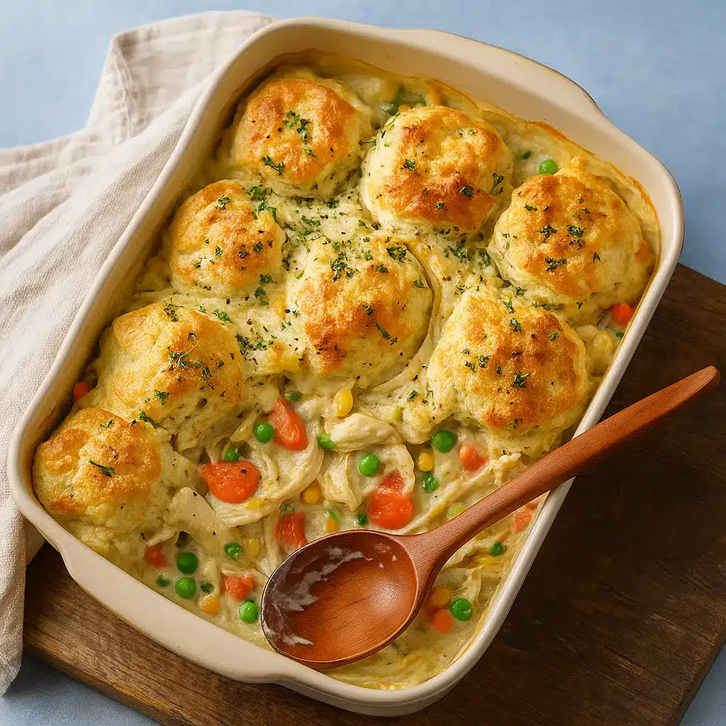 Chicken Pot Pie Casserole in white dish with golden biscuits