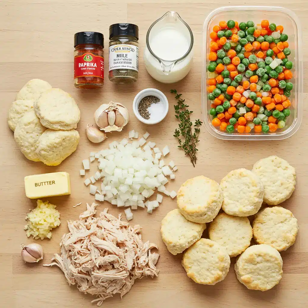 Ingredients for Chicken Pot Pie Casserole on countertop