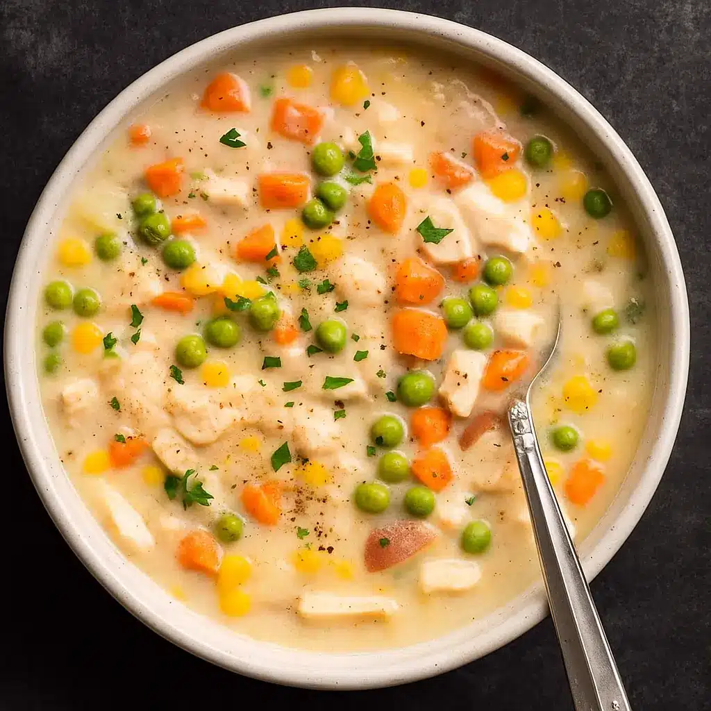 Chicken Pot Pie Soup in a cozy bowl