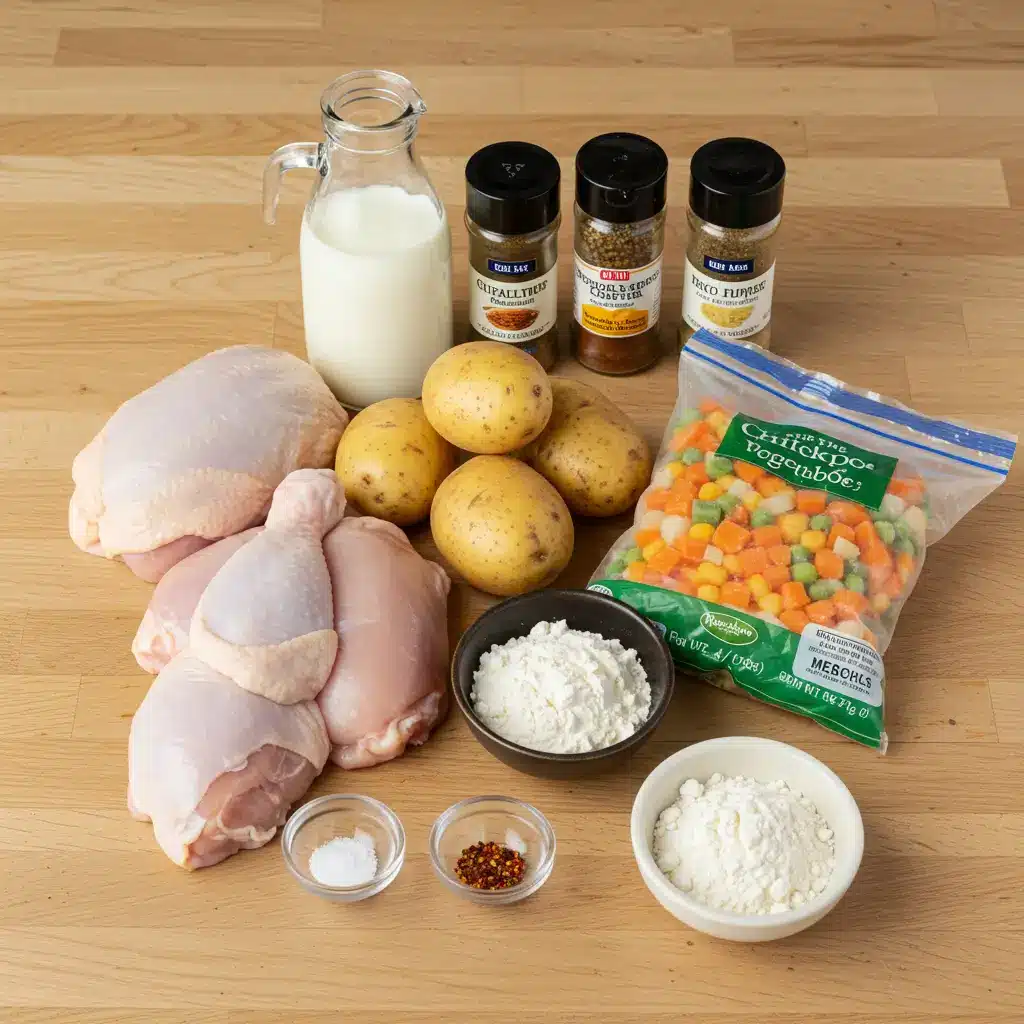 Chicken Pot Pie Soup ingredients flat lay