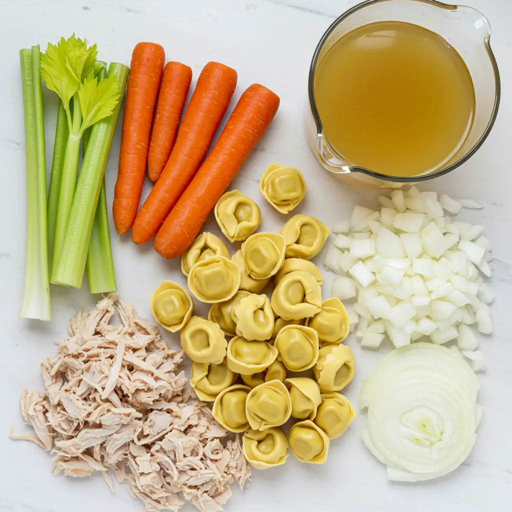 Ingredients for Chicken Tortellini Soup on a white surface.