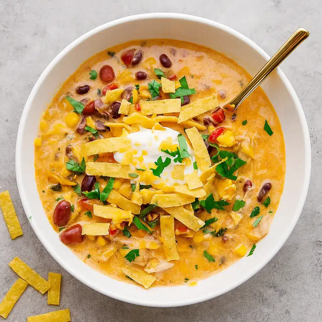 Chicken Tortilla Soup Crock Pot with creamy broth and tortilla strips