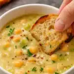 Chickpea and White Bean Soup in a bowl with parsley and olive oil.