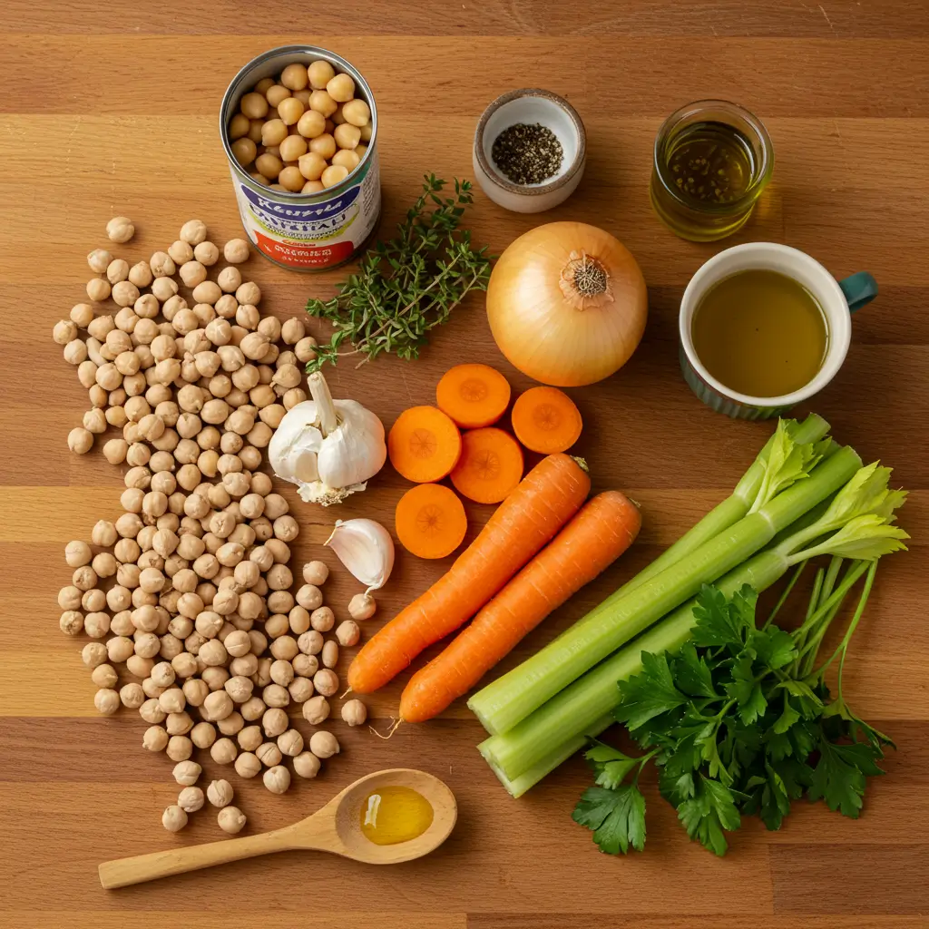 Chickpea and White Bean Soup ingredients arranged on a counter.