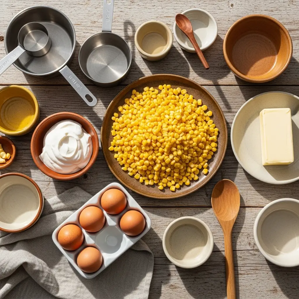Corn Casserole Recipe ingredients flat lay