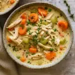 Cottage Cheese Chicken Soup in a rustic bowl