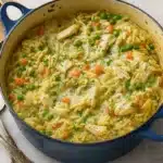 Cozy Chicken Pot Pie Orzo in a bowl with creamy sauce and veggies