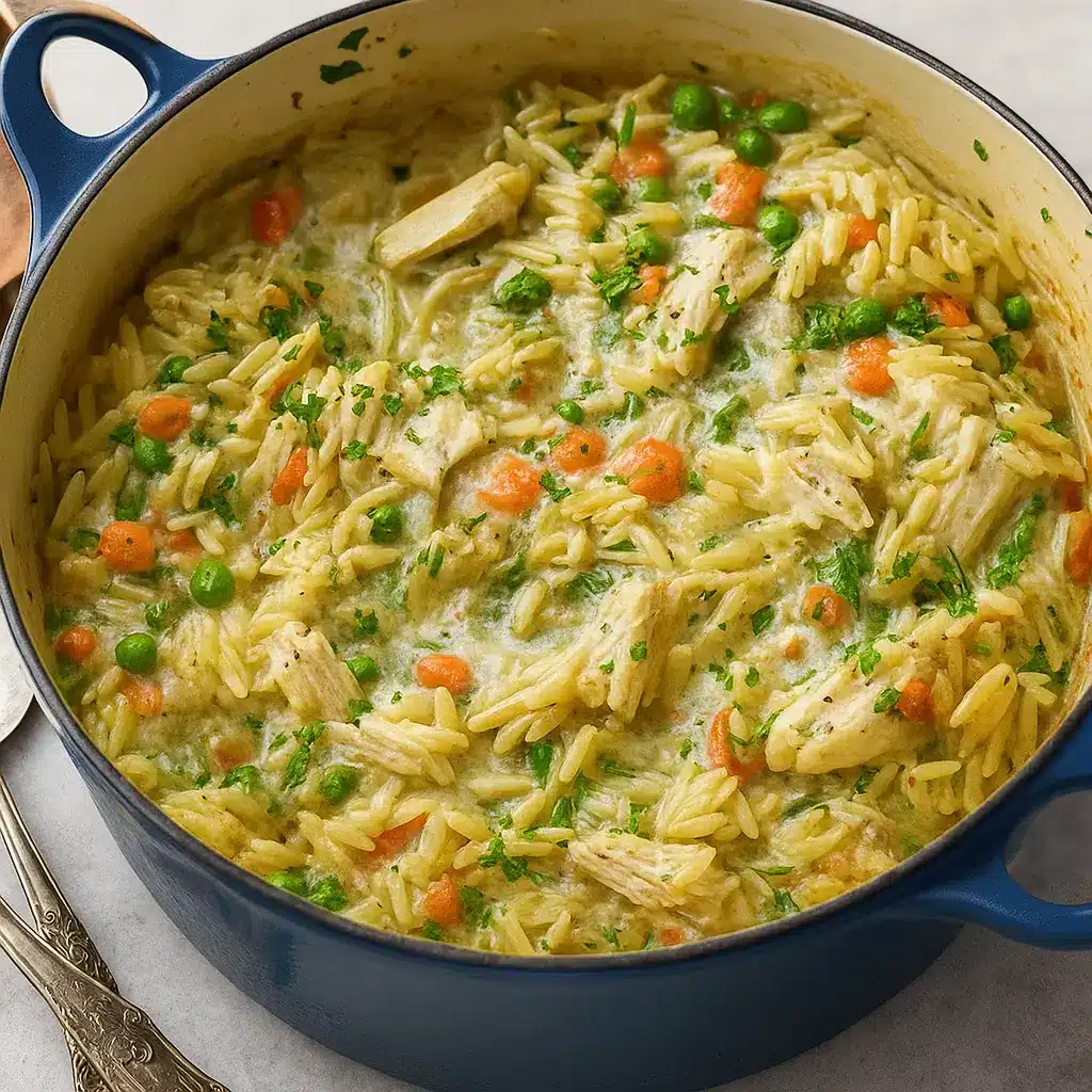 Cozy Chicken Pot Pie Orzo in a bowl with creamy sauce and veggies