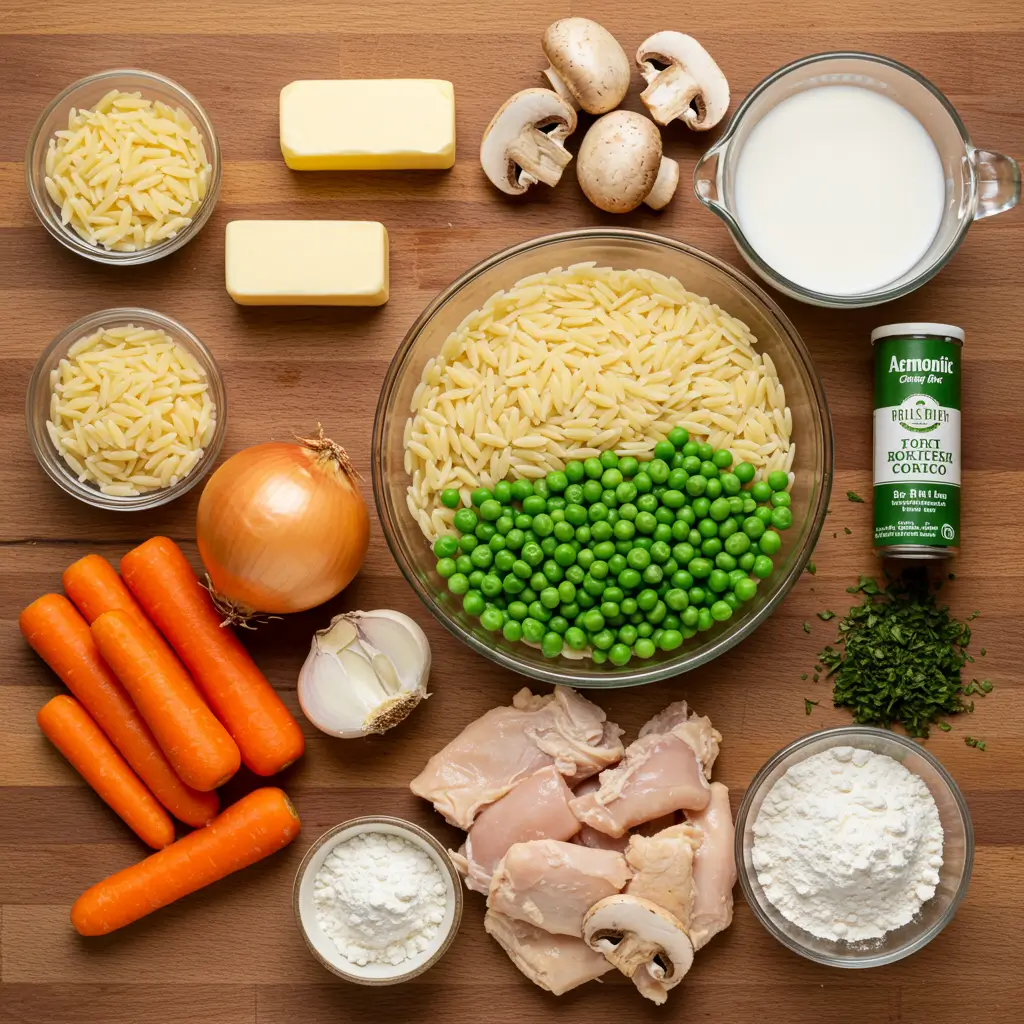 Ingredients for Cozy Chicken Pot Pie Orzo laid out on a kitchen counter