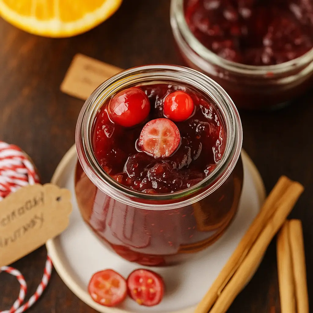 Cranberry Chutney served in a white bowl with garnish