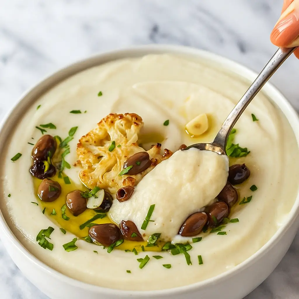 creamy cauliflower soup in a rustic bowl