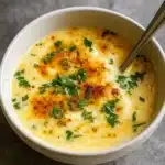 creamy cheddar garlic herb potato soup served in a rustic bowl
