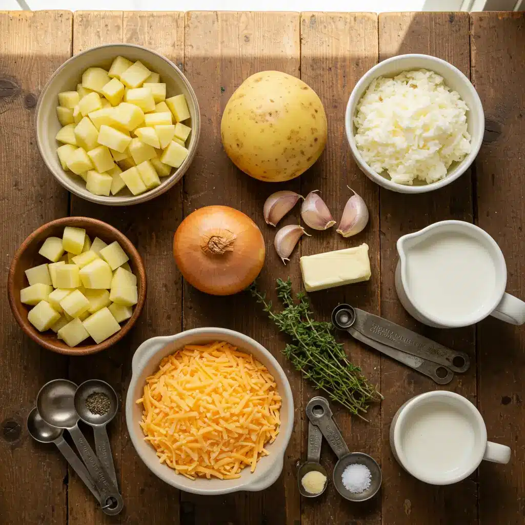 creamy cheddar garlic herb potato soup ingredients displayed on a counter