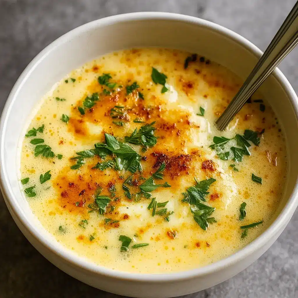 creamy cheddar garlic herb potato soup served in a rustic bowl
