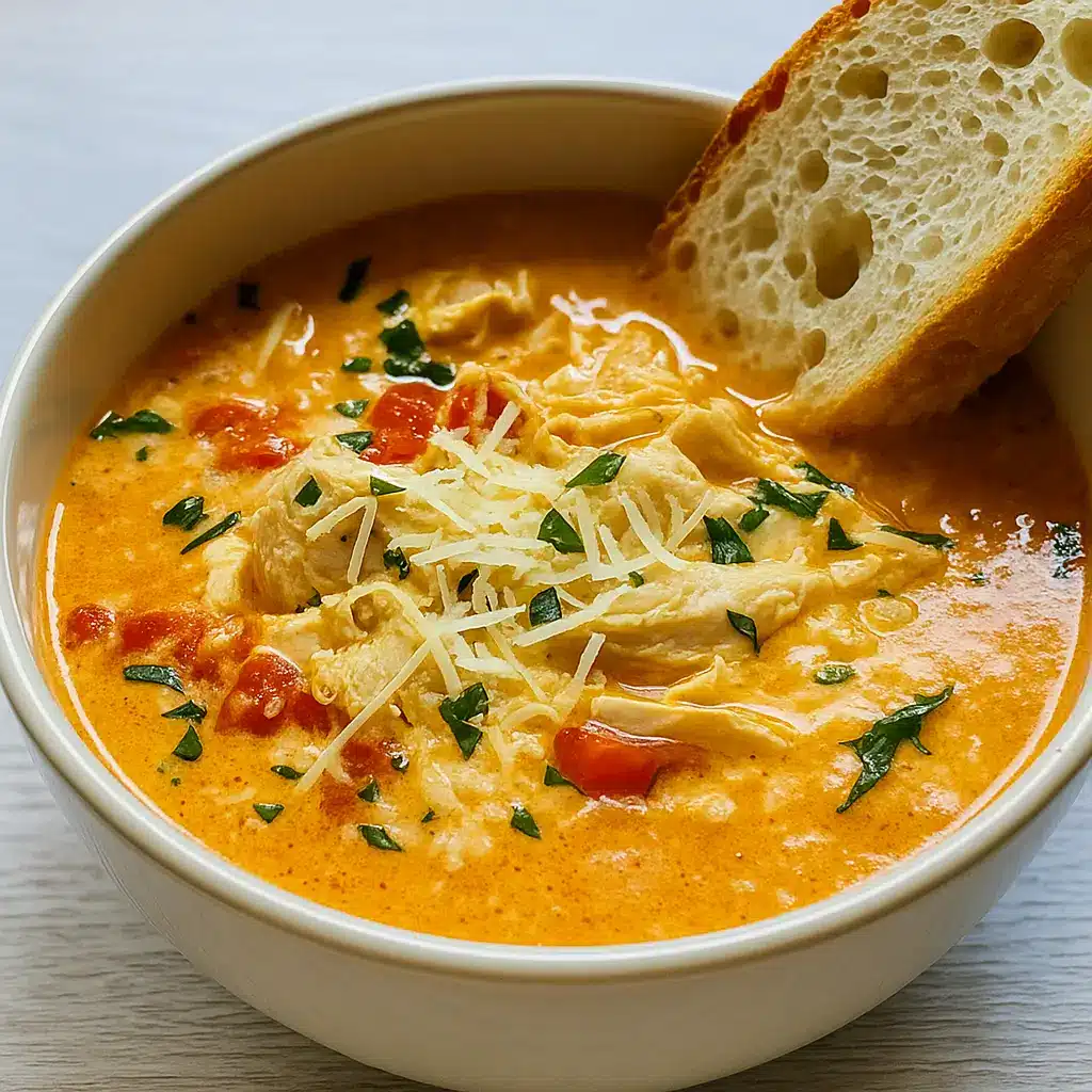 Creamy Chicken Parmesan Soup in rustic bowl