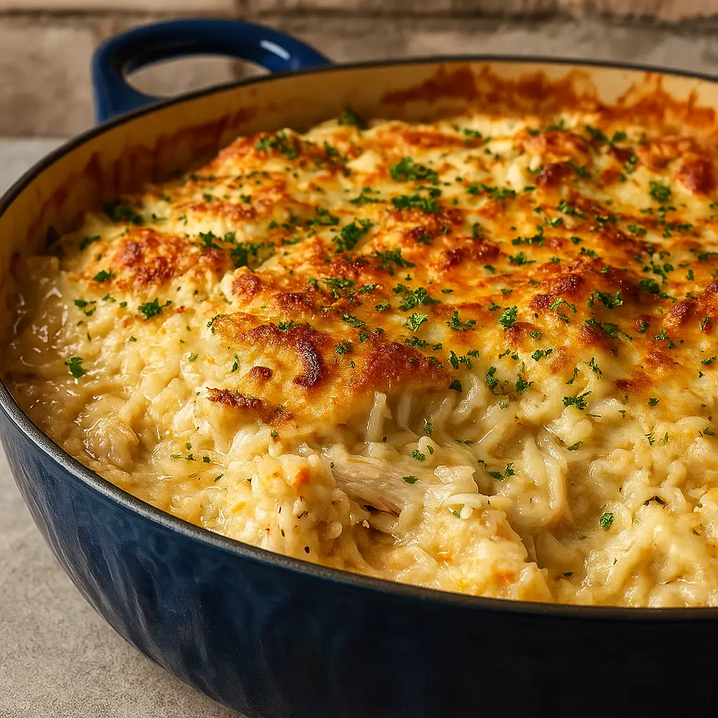 Creamy chicken and rice casserole in a baking dish