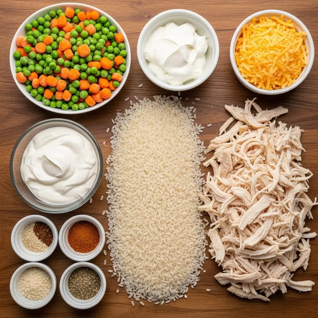 Ingredients for creamy chicken and rice casserole